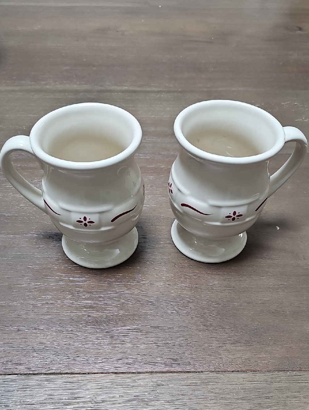 Longaberger Cream Ceramic Pedestal Mugs with Red Accent - Set of 2
